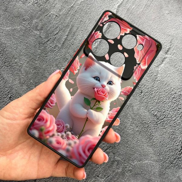 Чехол для Infinix Note 40 Pro X6850 с защитой камеры с котом в цветах розах