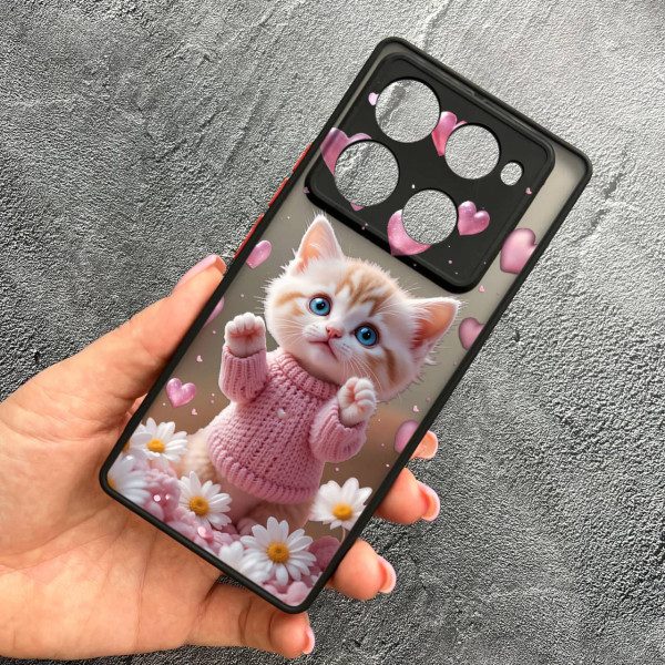 Чехол для Infinix Note 40 Pro X6850 с защитой камеры с котом в цветах ромашки