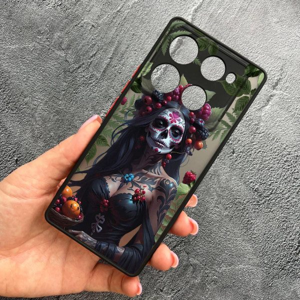 Чехол для Infinix Note 40 Pro X6850 с защитой камеры девушка Санта-Муэрте и листьями