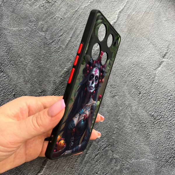 Чехол для Infinix Note 40 Pro X6850 с защитой камеры девушка Санта-Муэрте и листьями