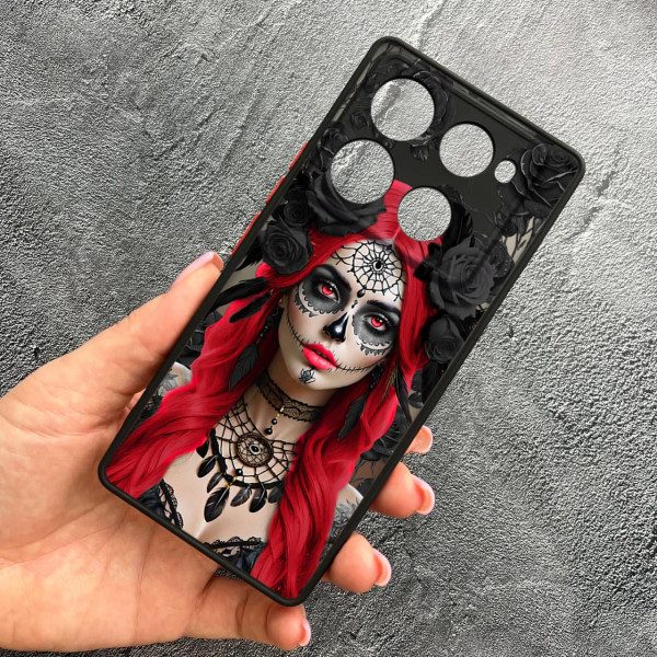 Чехол для Infinix Note 40 Pro X6850 с защитой камеры девушка Санта-Муэрте в розах