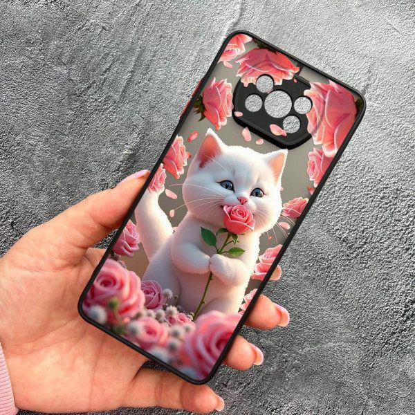 Чехол для Xiaomi Poco X3 NFC / Poco X3 Pro с защитой камеры с котом в цветах розах