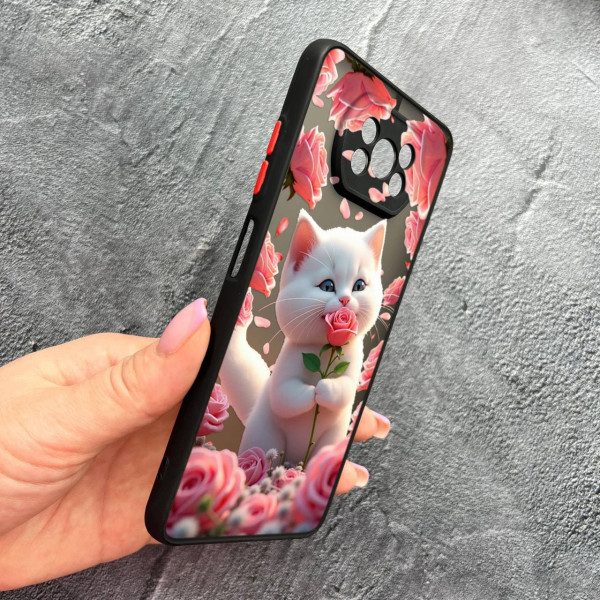 Чехол для Xiaomi Poco X3 NFC / Poco X3 Pro с защитой камеры с котом в цветах розах