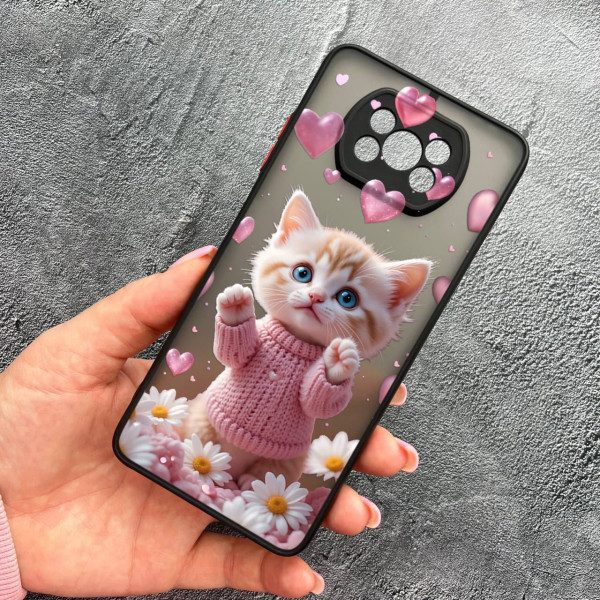 Чехол для Xiaomi Poco X3 NFC / Poco X3 Pro с защитой камеры с котом в цветах ромашки
