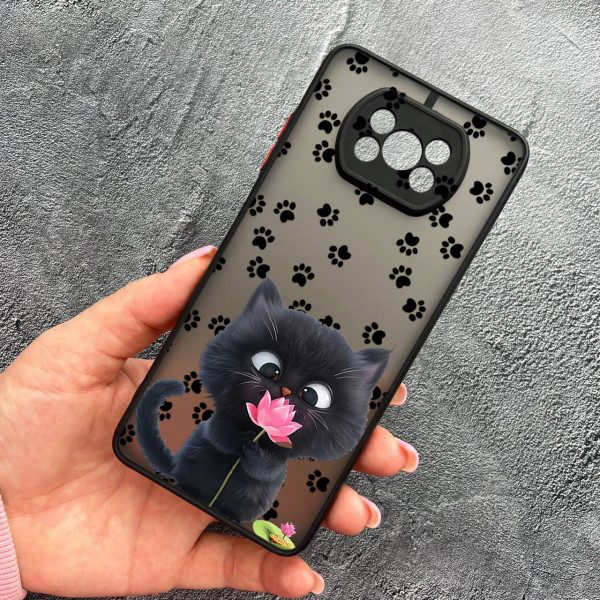 Чехол для Xiaomi Poco X3 NFC / Poco X3 Pro с защитой камеры детский с котом и цветком