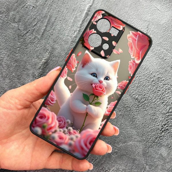 Чохол для Oppo Reno 7 4G з захистом камери з котиком в квітах трояндах