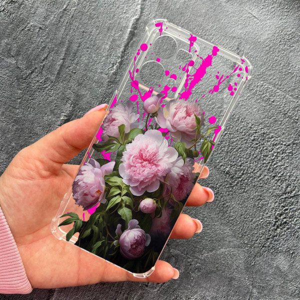 Чохол для Oppo Reno 7 4G з захистом камери з квітами рожеві півонії протиударний прозорий силіконовий чохол