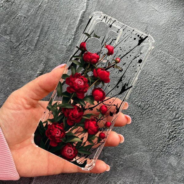 Чохол для Oppo Reno 7 4G з захистом камери з квітами червоні півонії маленькі протиударний прозорий силіконовий чохол