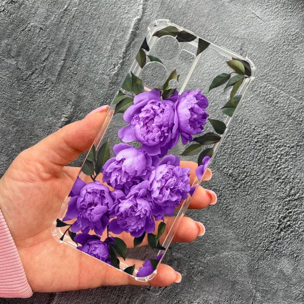 Чохол для Oppo Reno 7 4G з захистом камери з квітами бузкові півонії протиударний прозорий силіконовий чохол
