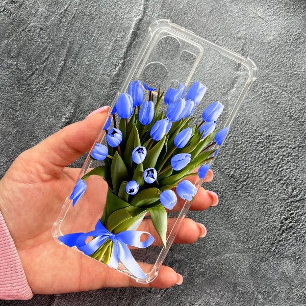 Чехол для Oppo Reno 7 4G с защитой камеры с цветами букет синих тюльпанов противоударный прозрачный силиконовый чехол