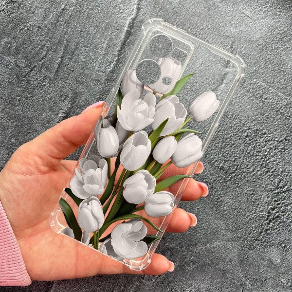 Чехол для Oppo Reno 7 4G с защитой камеры с цветами белые тюльпаны противоударный прозрачный силиконовый чехол