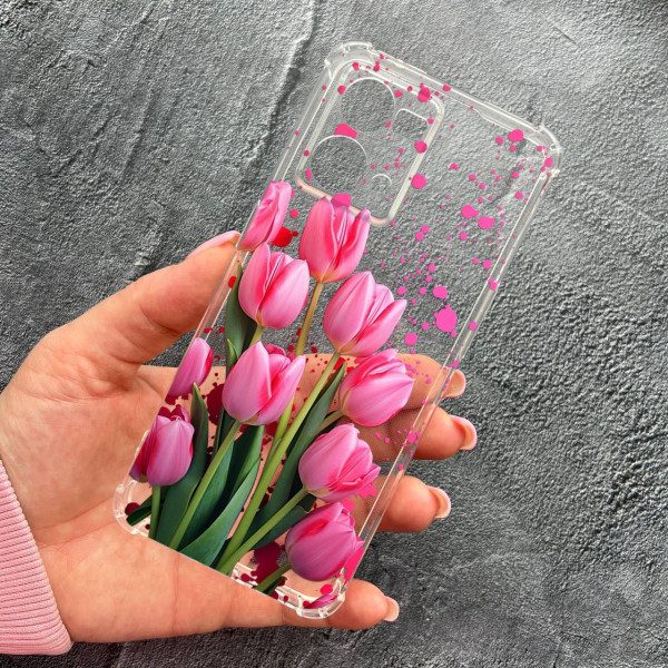 Чехол для Oppo Reno 7 4G с защитой камеры с цветами розовые тюльпаны противоударный прозрачный силиконовый чехол