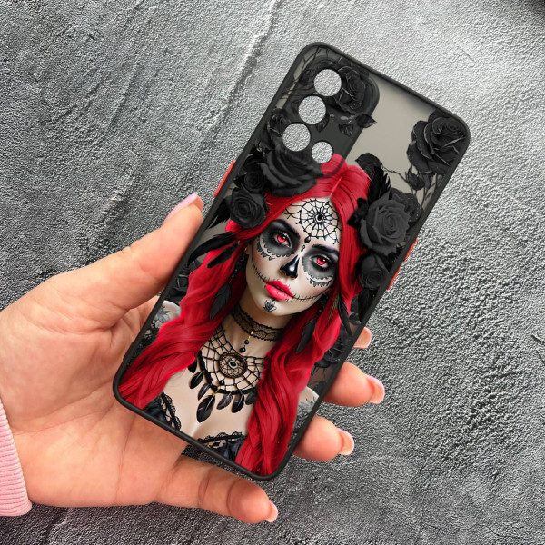 Чехол для Oppo A74 4G с защитой камеры девушка Санта-Муэрте в розах