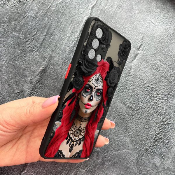 Чехол для Oppo A74 4G с защитой камеры девушка Санта-Муэрте в розах