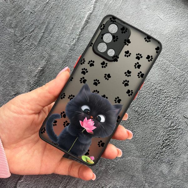 Чехол для Oppo A74 4G с защитой камеры детский с котом и цветком