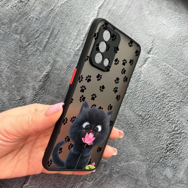 Чехол для Oppo A74 4G с защитой камеры детский с котом и цветком