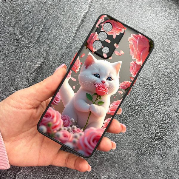 Чохол для Oppo A74 4G з захистом камери з котиком в квітах трояндах