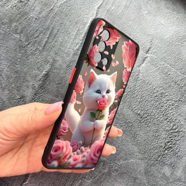 Чохол для Oppo A74 4G з захистом камери з котиком в квітах трояндах