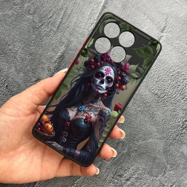 Чохол для Xiaomi Poco F6 Pro з захистом камери дівчина Санта-Муерте та листями