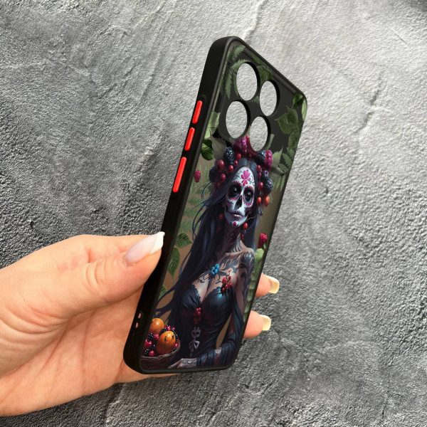 Чохол для Xiaomi Poco F6 Pro з захистом камери дівчина Санта-Муерте та листями