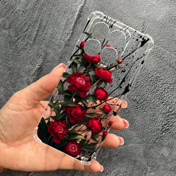 Чохол для Xiaomi Poco F6 Pro з захистом камери з квітами червоні півонії маленькі протиударний прозорий силіконовий чохол