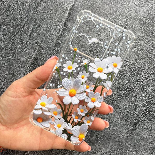 Чохол для Xiaomi Poco F6 Pro з захистом камери з квітами ромашки білі протиударний прозорий силіконовий чохол