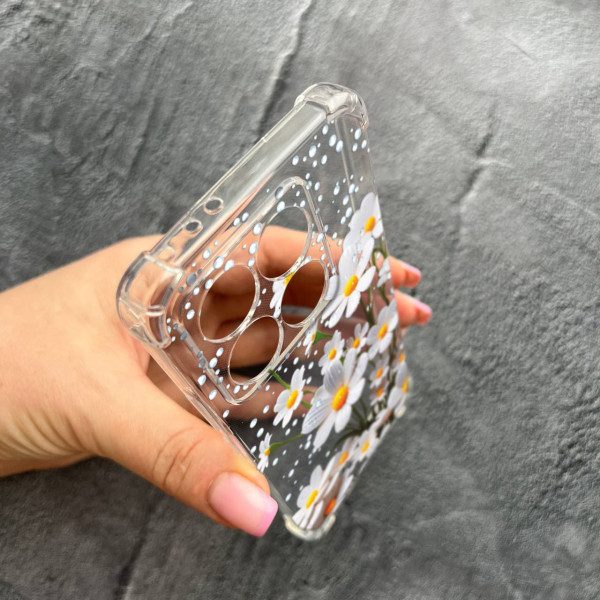 Чохол для Xiaomi Poco F6 Pro з захистом камери з квітами ромашки білі протиударний прозорий силіконовий чохол