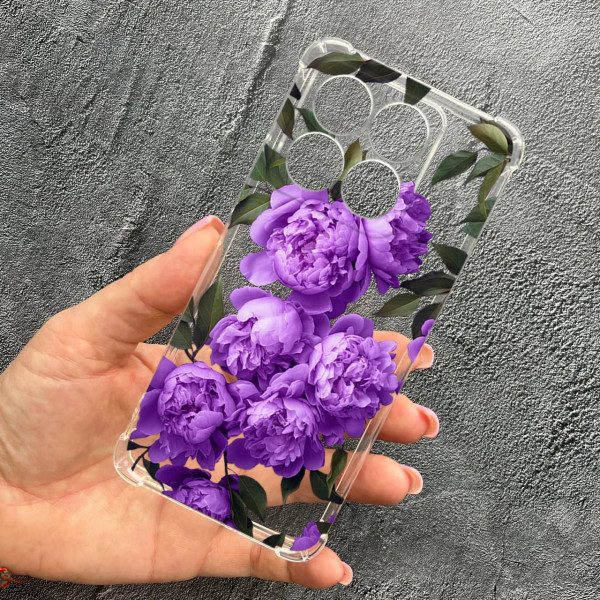 Чохол для Xiaomi Poco F6 Pro з захистом камери з квітами бузкові півонії протиударний прозорий силіконовий чохол