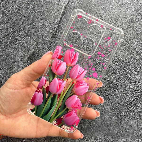 Чохол для Xiaomi Poco X6 Pro 5G із захистом камери з квітами рожеві тюльпани протиударний прозорий силіконовий чохол