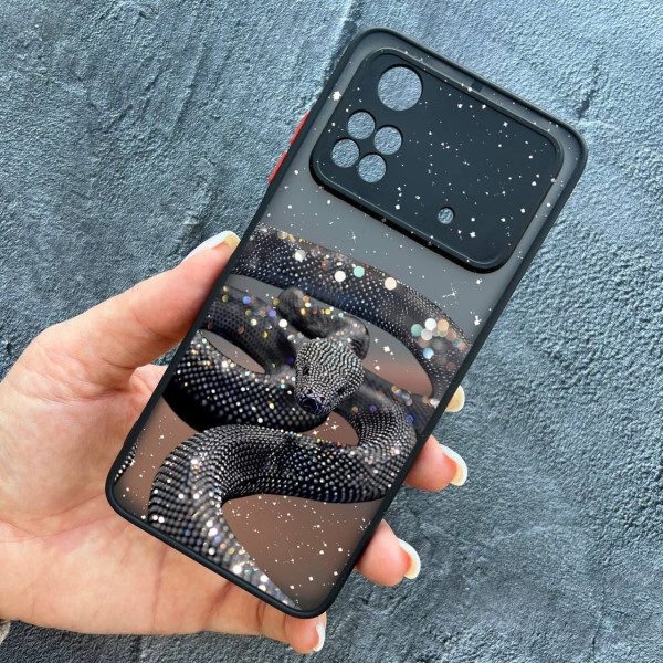 Чохол для Xiaomi Poco M4 Pro 4G з захистом камери зі змією з блискітками