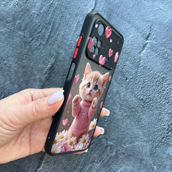 Чехол для Xiaomi Poco M4 Pro 4G с защитой камеры с котом в цветах ромашки
