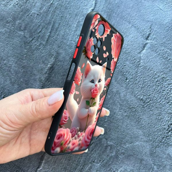 Чехол для Xiaomi Poco M4 Pro 4G с защитой камеры с котом в цветах розах