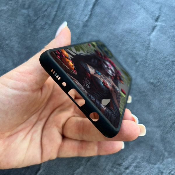 Чехол для Samsung Galaxy A71 с защитой камеры девушка Санта-Муэрте и листьями
