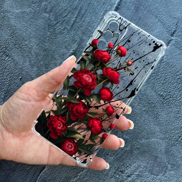 Чохол для Samsung Galaxy M52 / M52 5G з захистом камери з квітами червоні півонії маленькі протиударний прозорий силіконовий чохол