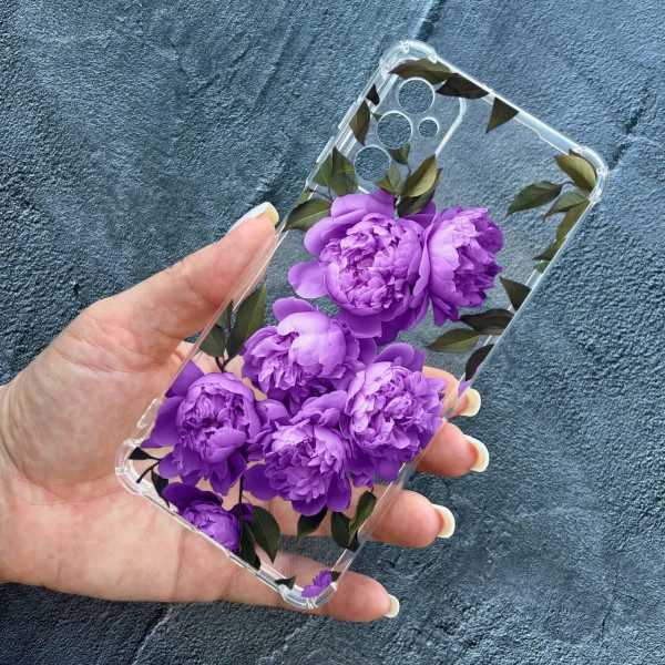 Чохол для Samsung Galaxy M52 / M52 5G з захистом камери з квітами бузкові півонії протиударний прозорий силіконовий чохол