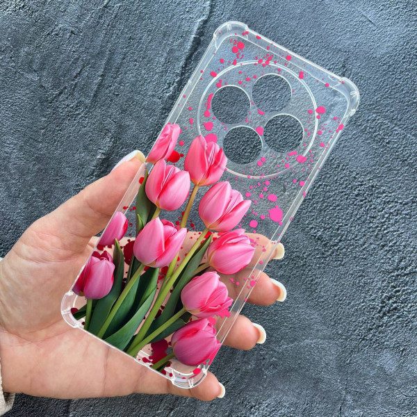 Чохол для Xiaomi Redmi 14C / Xiaomi Poco C75 із захистом камери з квітами рожеві тюльпани протиударний прозорий силіконовий чохол