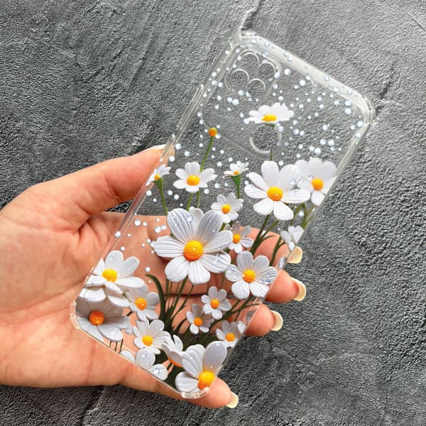 Чехол для Oppo A15s / A15 с защитой камеры с цветами ромашки белые противоударный прозрачный силиконовый чехол