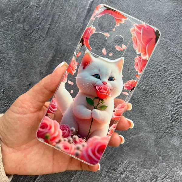 Чехол для Oppo A3 / A3x с защитой камеры с котом в цветах розах противоударный прозрачный силиконовый чехол
