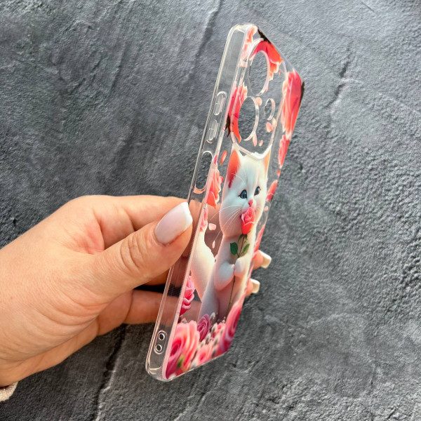 Чехол для Oppo A3 / A3x с защитой камеры с котом в цветах розах противоударный прозрачный силиконовый чехол