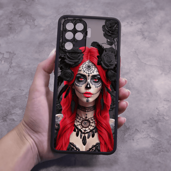 Чехол для Oppo Reno 5 Lite с защитой камеры девушка Санта-Муэрте в розах