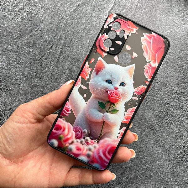 Чехол для Oppo A53 4G с защитой камеры с котом в цветах розах