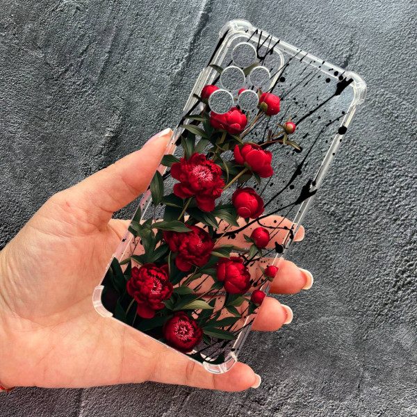 Чохол для Samsung Galaxy A33 з захистом камери з квітами червоні півонії маленькі протиударний прозорий силіконовий чохол