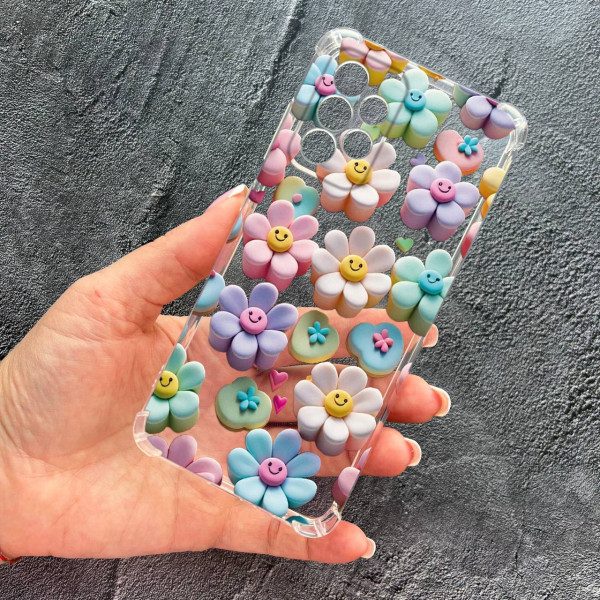 Чехол для Samsung Galaxy A33 с защитой камеры детский с цветами и смайликами противоударный прозрачный силиконовый чехол