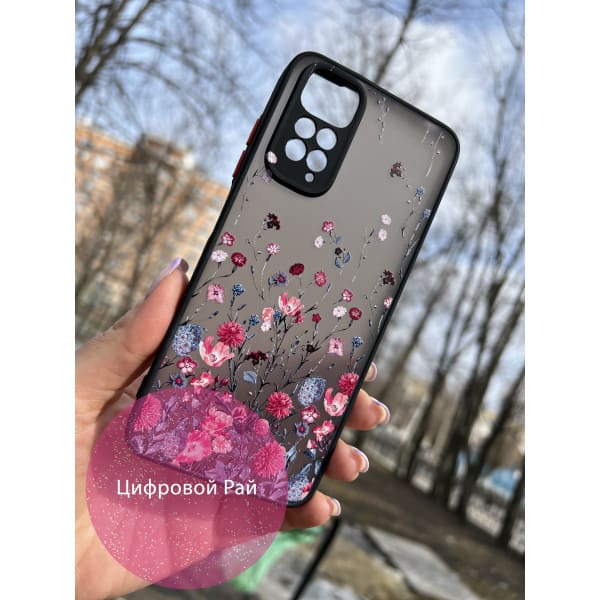 Чехол для Xiaomi Redmi Note 11 / Note 11s с защитой камеры с розово-синими цветами