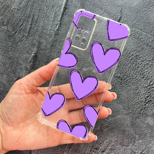 Чохол для Xiaomi Redmi Note 11 / Note 11s з захистом камери з бузковими сердечками протиударний прозорий силіконовий чохол