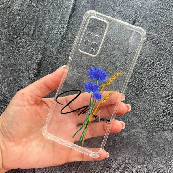 Чехол для Xiaomi Redmi Note 11 / Note 11s с защитой камеры патриотический с волошкой противоударный прозрачный силиконовый чехол