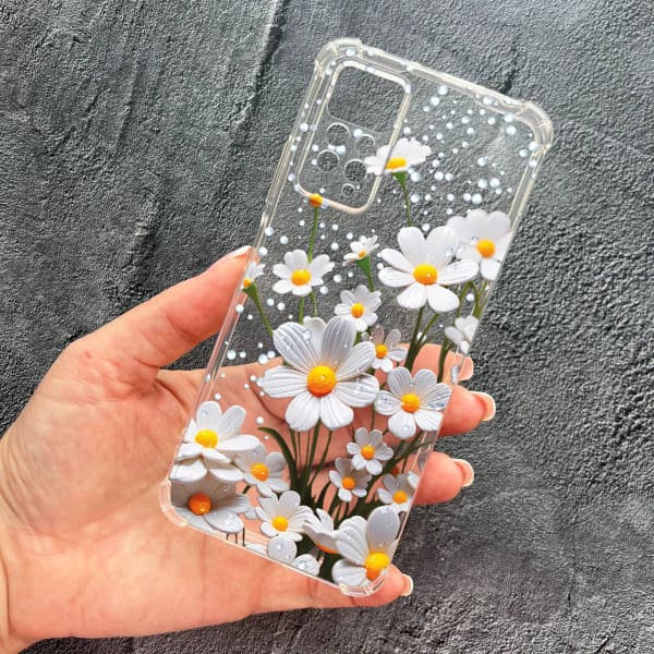 Чохол для Xiaomi Redmi Note 11 / Note 11s з захистом камери з квітами ромашки білі протиударний прозорий силіконовий чохол
