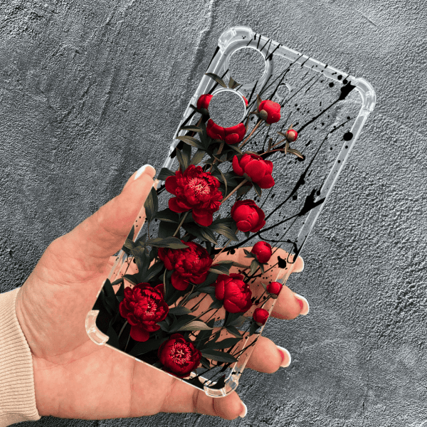 Чохол для Xiaomi Redmi 13C 4G / Poco C65 з захистом камери з квітами червоні півонії маленькі протиударний прозорий силіконовий чохол