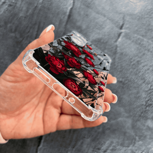 Чехол для Xiaomi Redmi 13C 4G / Poco C65 с защитой камеры с цветами красные пионы маленькие противоударный прозрачный силиконовый чехол