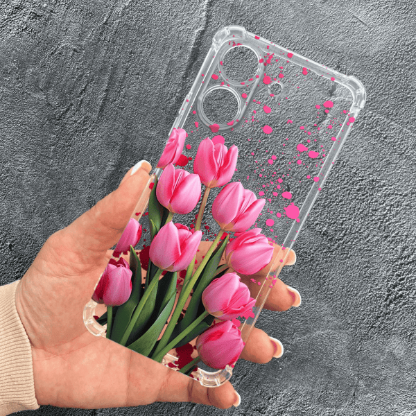 Чехол для Xiaomi Redmi 13C 4G / Poco C65 с защитой камеры с цветами розовые тюльпаны противоударный прозрачный силиконовый чехол